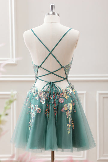 Green A Line Beaded Sequined Corset Tulle Mini Dress